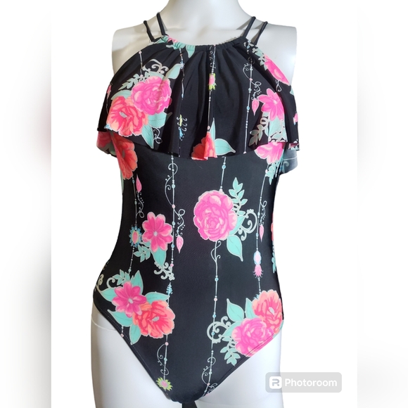 Beautiful Floral Bikini One-Piece Swim  🏊‍♂️ Black & Pink Women's Sz L (10,12) - Picture 2 of 14
